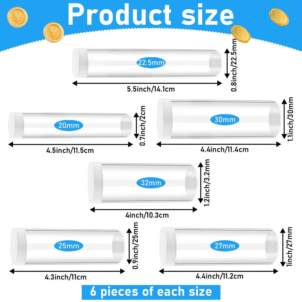 Clear plastic coin tube holder shown with size labels for multiple diameters