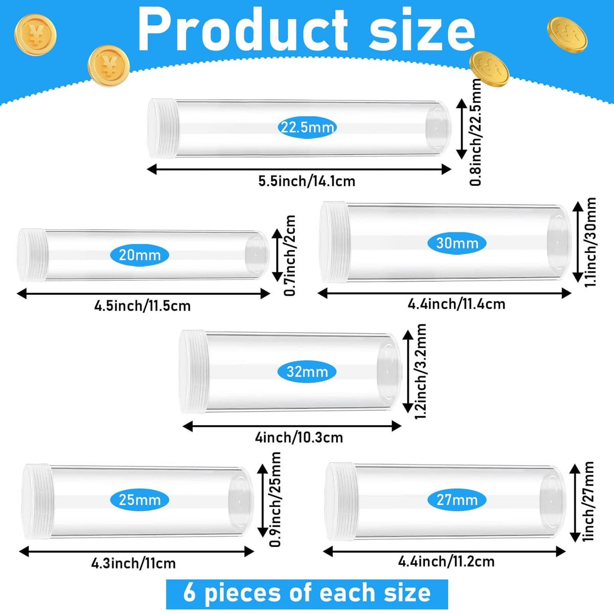 Clear plastic coin tube holder shown with size labels for multiple diameters