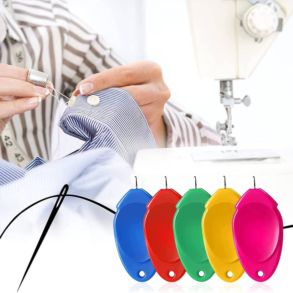 Multicolored needle threader set of 12, oval plastic guides in blue red green yellow pink