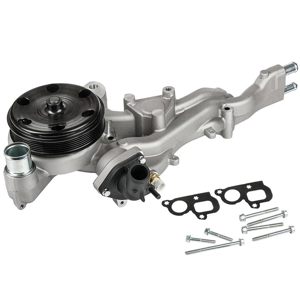 Water pump with black pulley, silver housing, thermostat ports, and included hardware