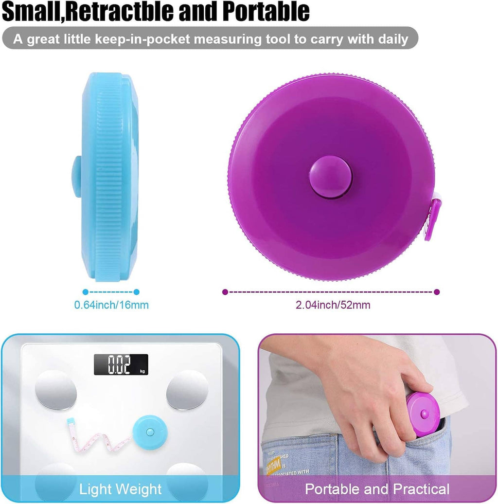 Blue retractable mini measuring tape with circular reel and folded tape