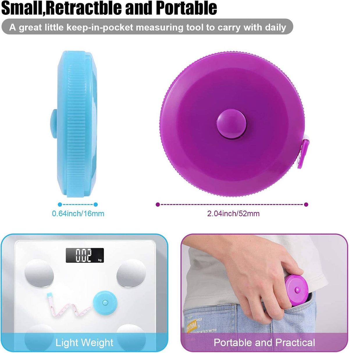 Blue retractable mini measuring tape with circular reel and folded tape