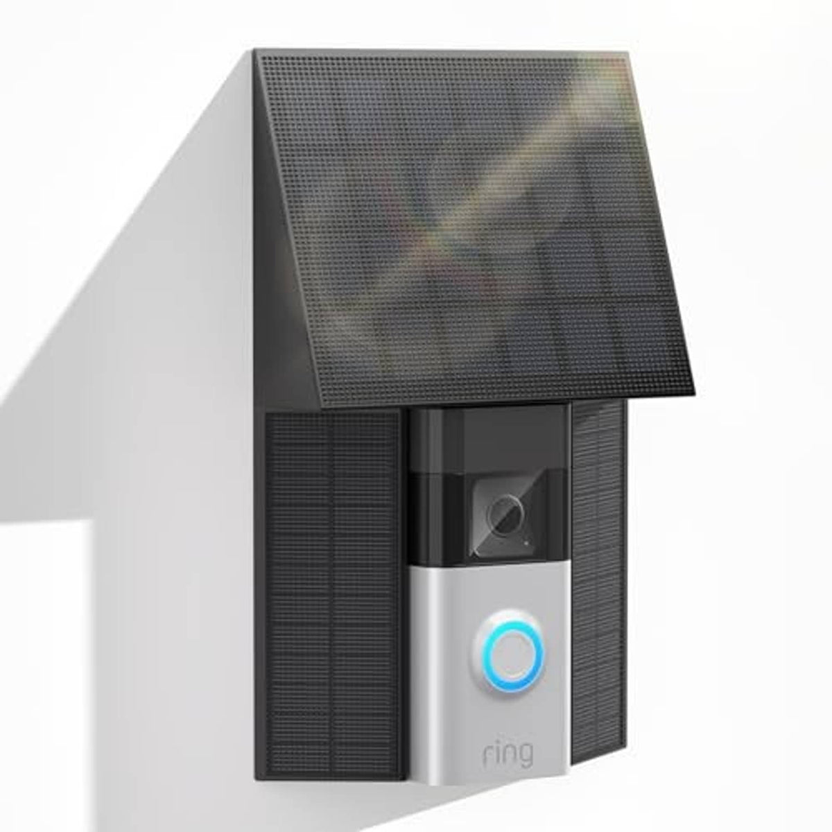Solar doorbell charger with black solar panel and silver front, angled view