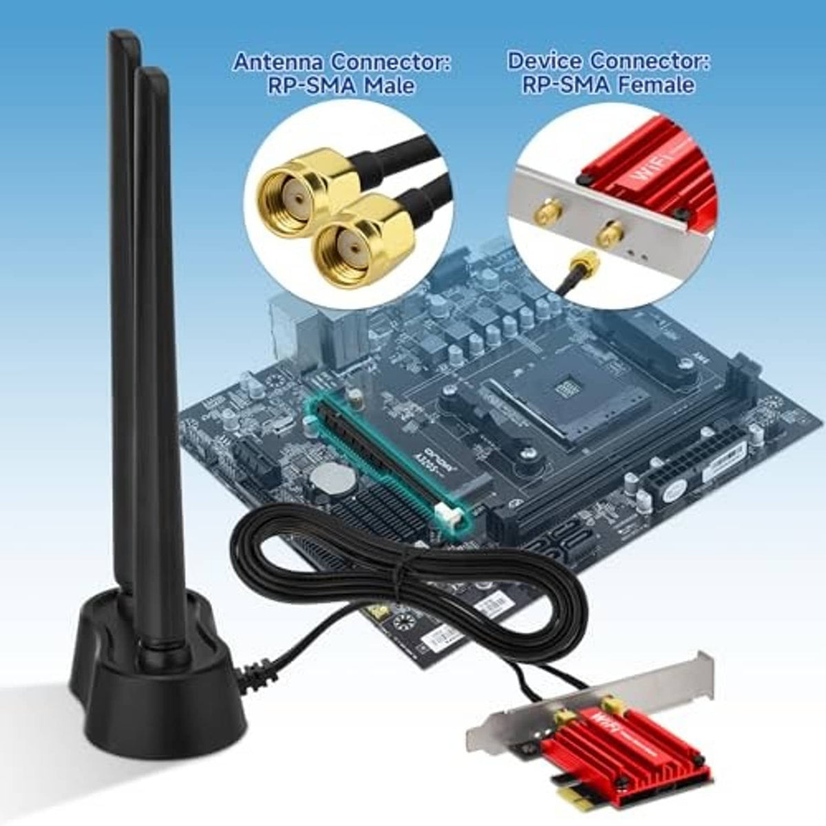 WiFi 6E antenna with RP-SMA connectors, black rods, base, and coax cable set
