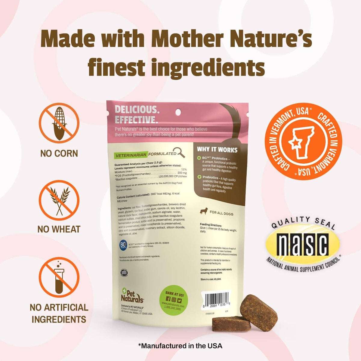 Pet Naturals probiotic pouch back panel with badges and brown chew pieces