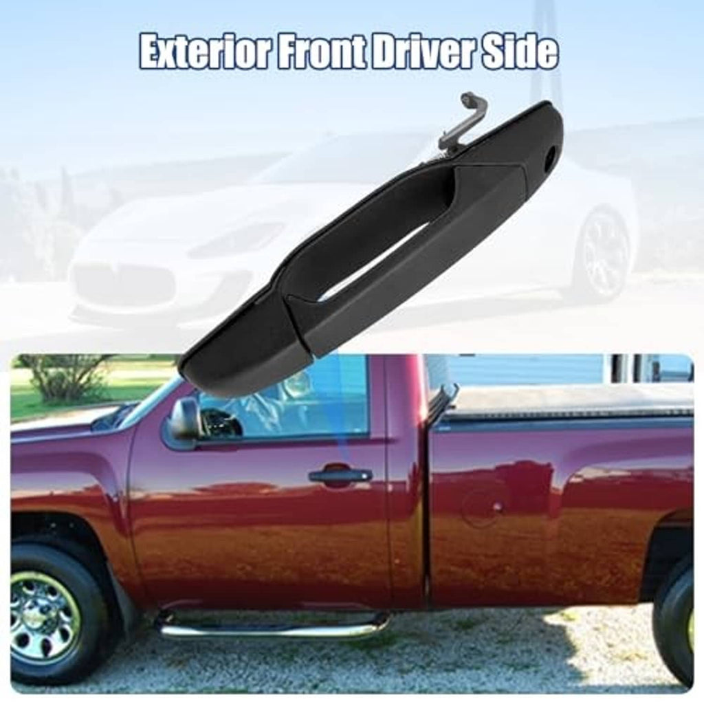 Black exterior door handle mounted on driver-side front door
