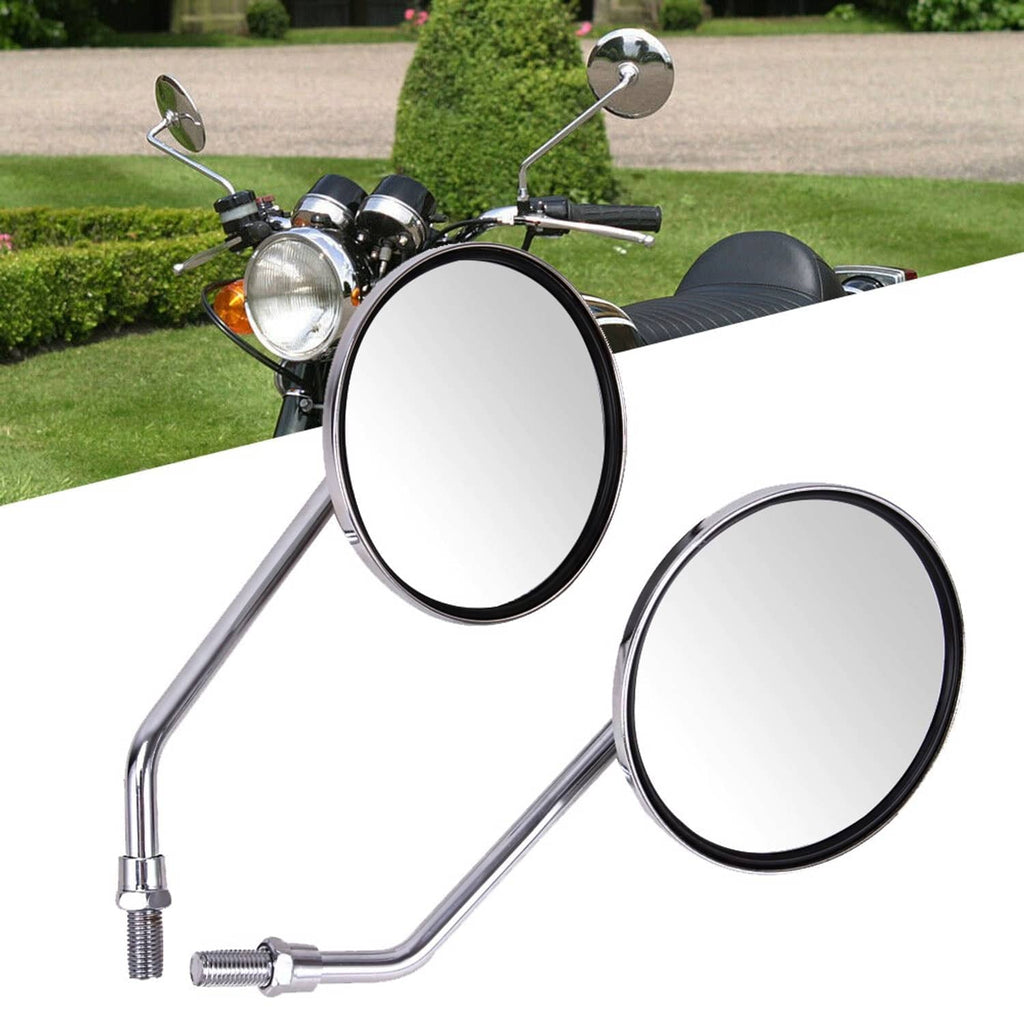 Pair of chrome round rearview mirrors with black-edged glass lenses and stems