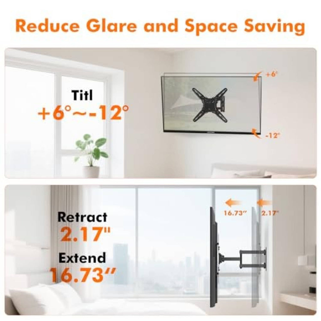 Black low-profile TV wall mount shown tilting and retracting positions