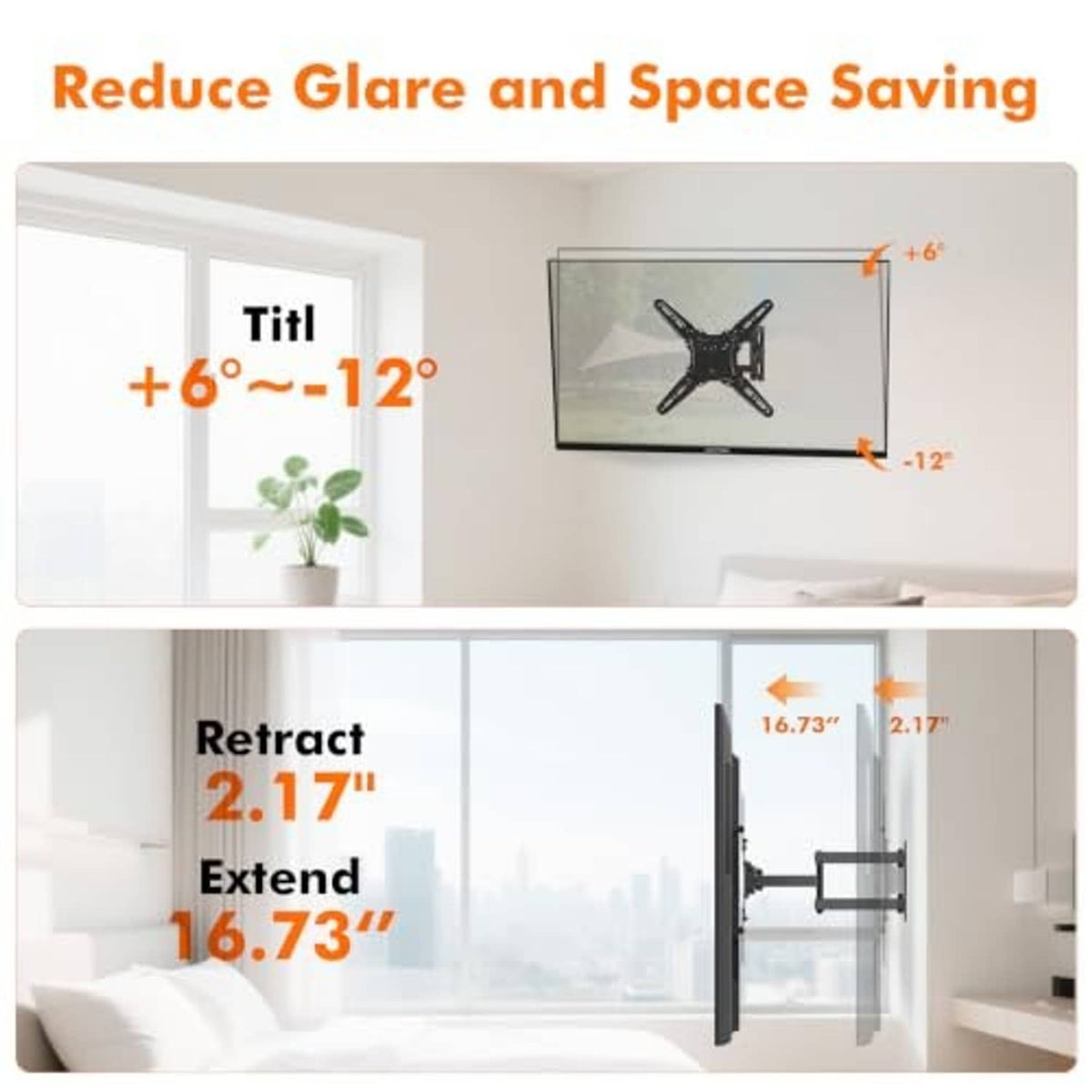 Black low-profile TV wall mount shown tilting and retracting positions