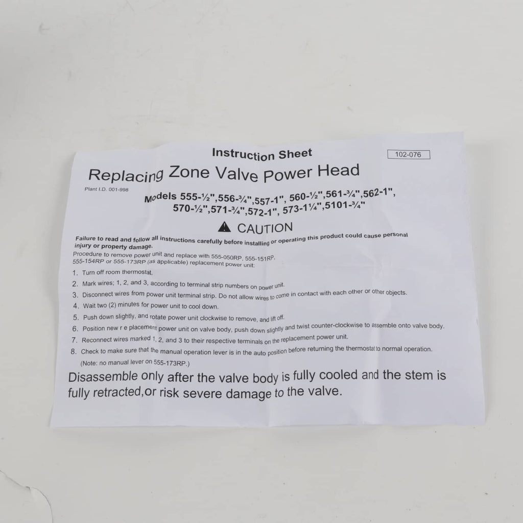 Instruction sheet for replacing zone valve power head, models listed, caution notes