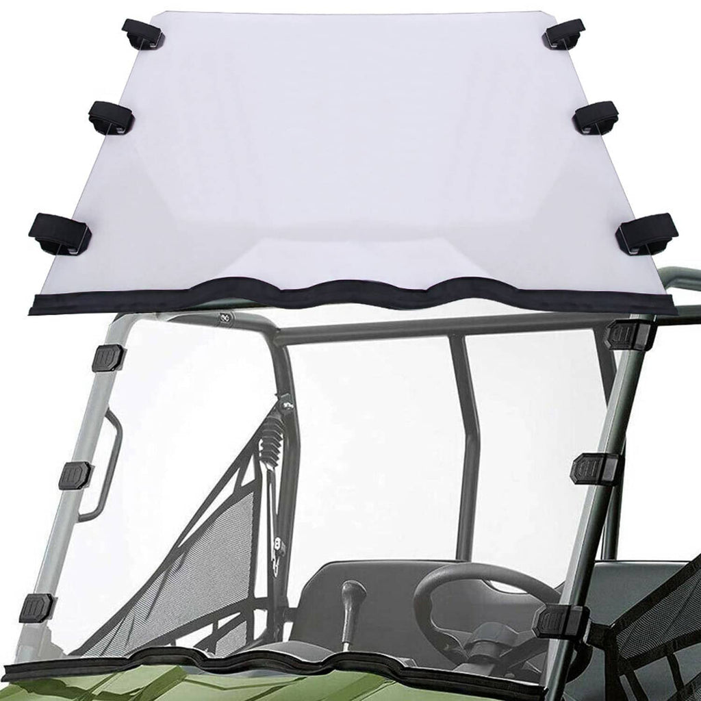 Clear windshield panel with black edge seal and corner mounting caps