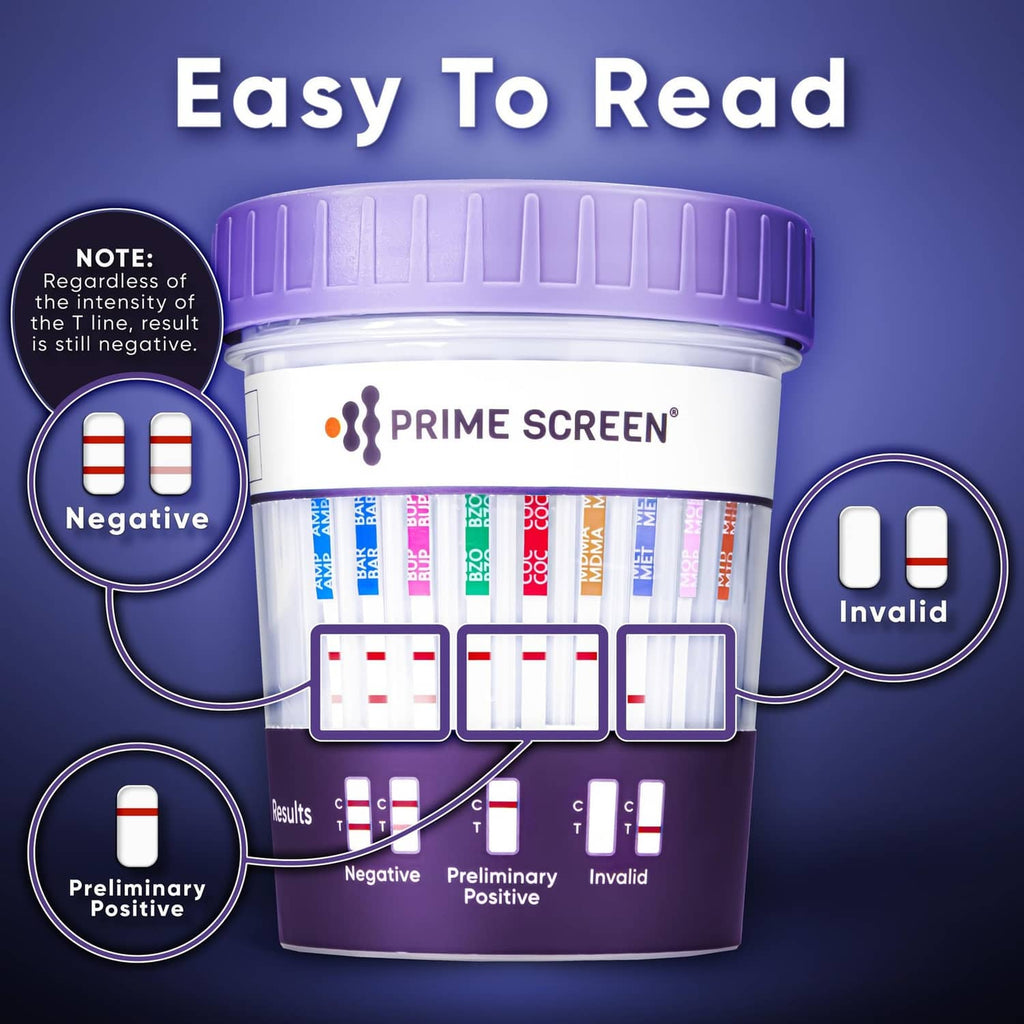 Multi-drug urine test cup kit with visible colored test result strips and purple lid