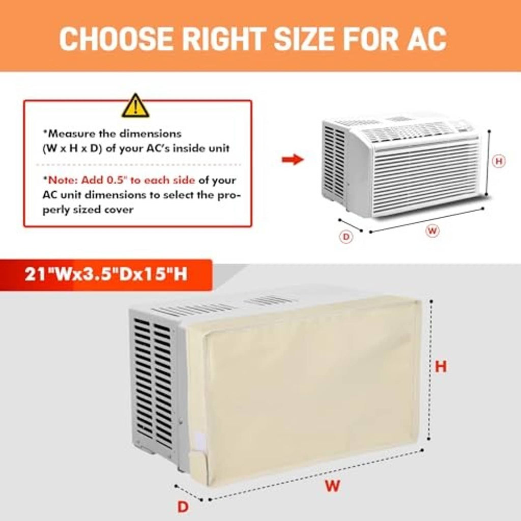 Beige window AC cover fitted on an air conditioner unit for interior insulation
