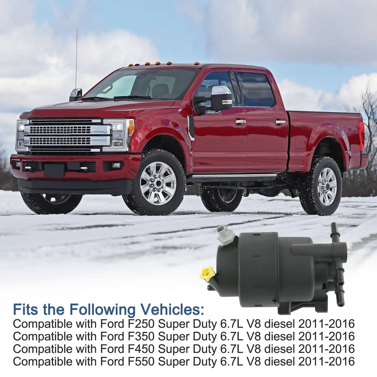 Fuel pump assembly near a pickup truck, black housing with electrical connector