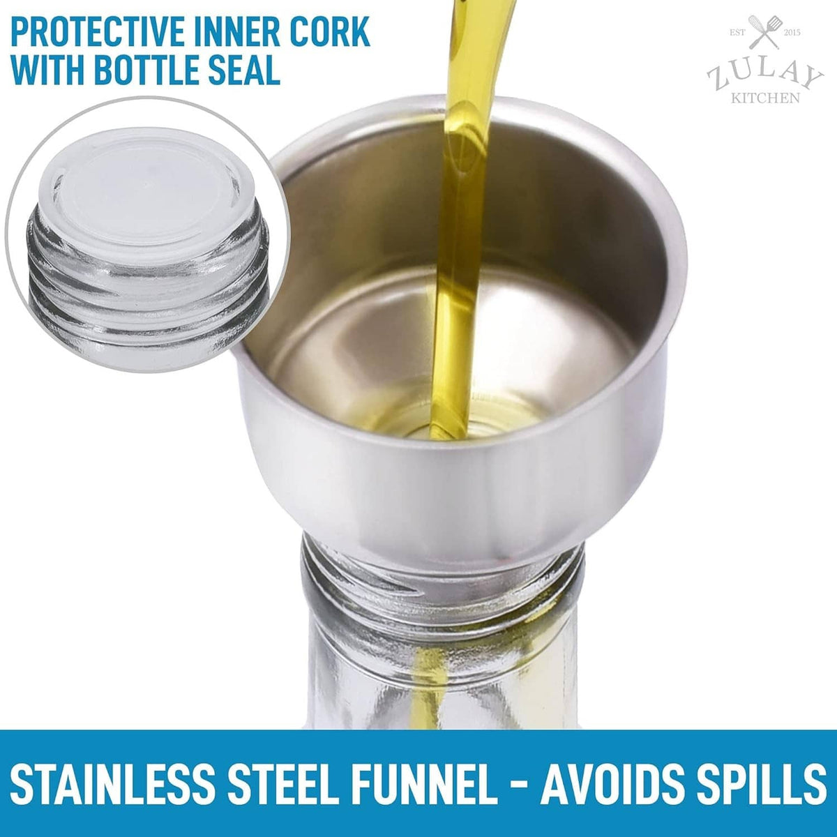 Stainless steel funnel and bottle with inner cork seal for controlled olive oil pouring