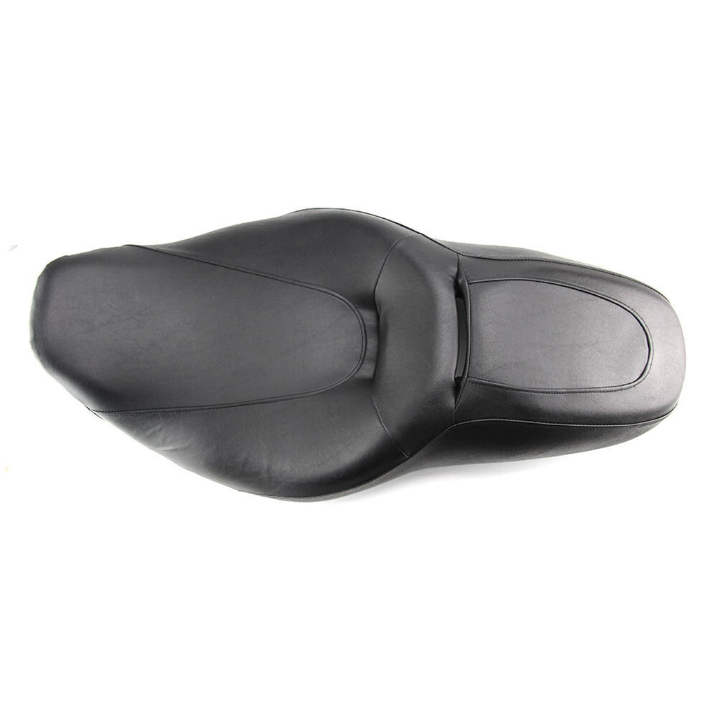 Black motorcycle seat with contoured cushioning and smooth vinyl finish, side view.