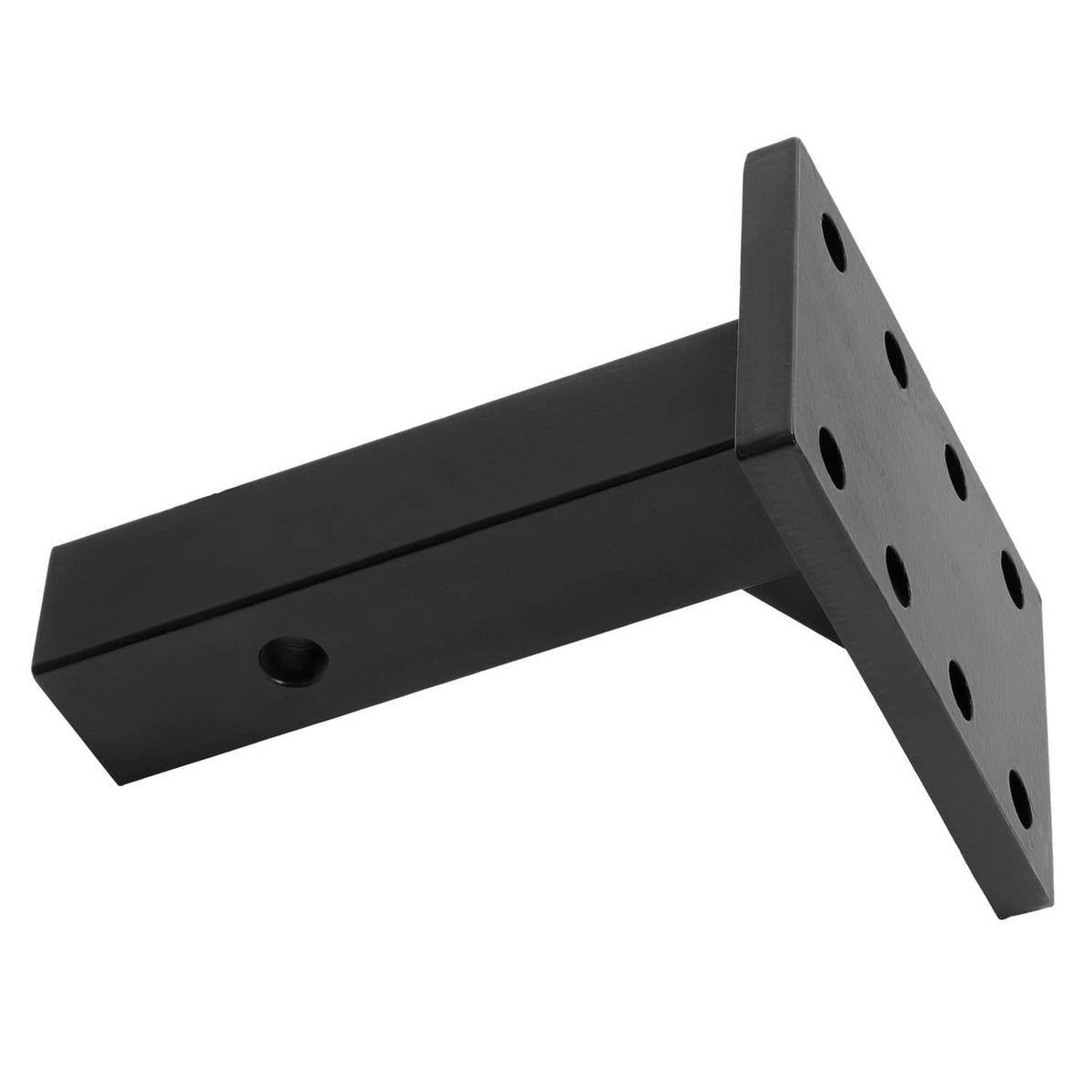 Hitch mounting plate with long horizontal arm and slotted side plate, black steel