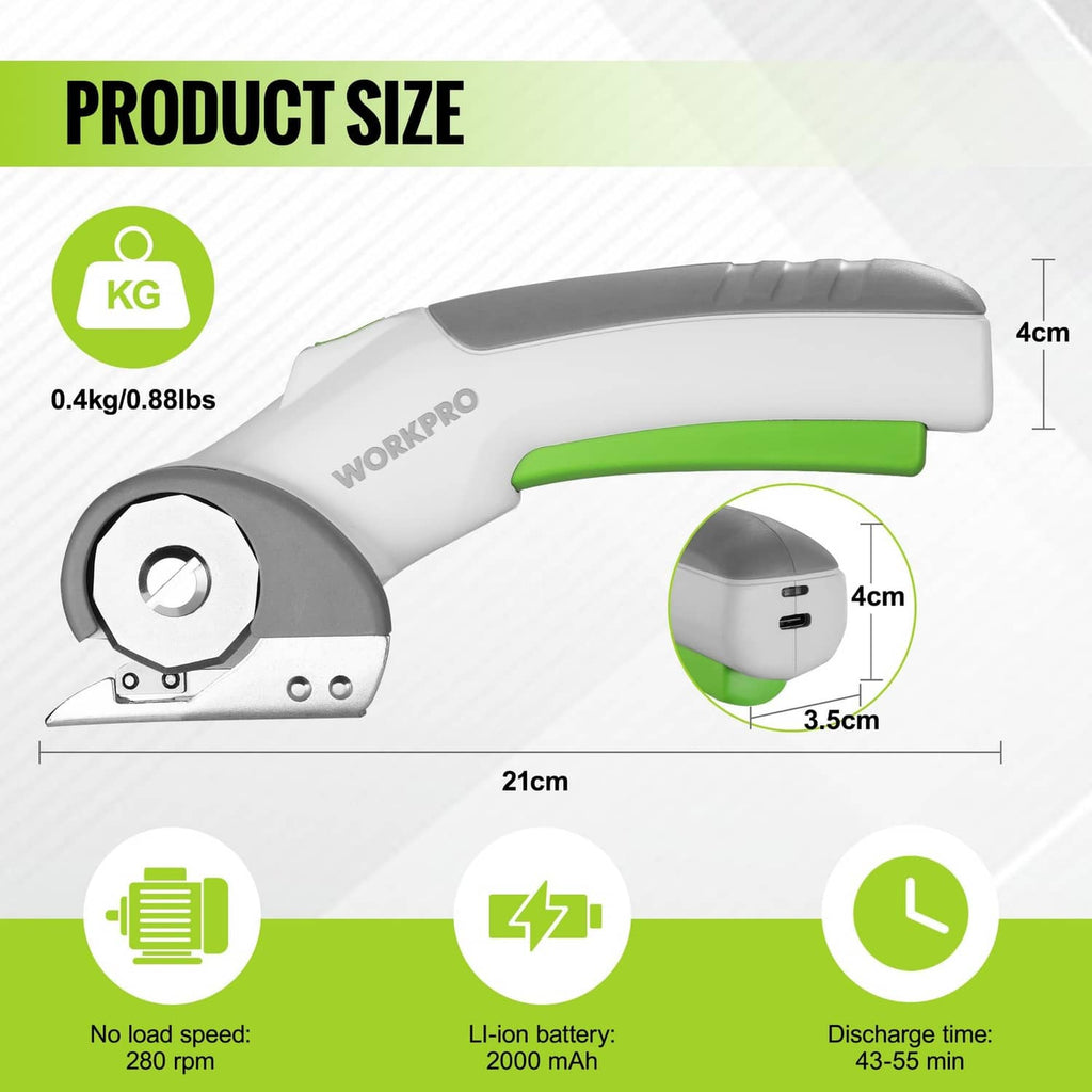 Cordless electric scissors, white and green design with blade guard and dial.