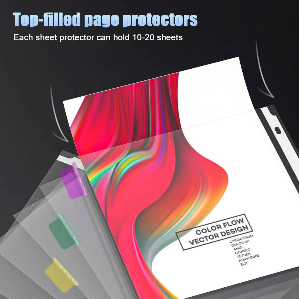Clear sheet protector with rainbow-colored design insert and colored tabs