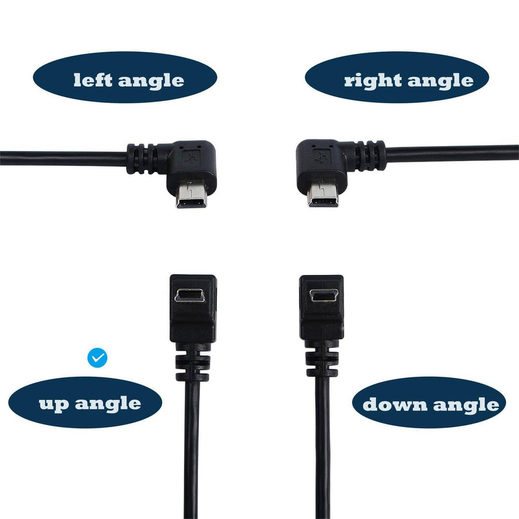 Black 90-degree mini USB extension cable showing left, right, up, and down angled ends
