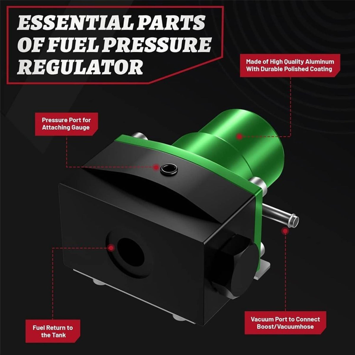 Green fuel pressure regulator with aluminum body, ports, and braided fuel line connection points