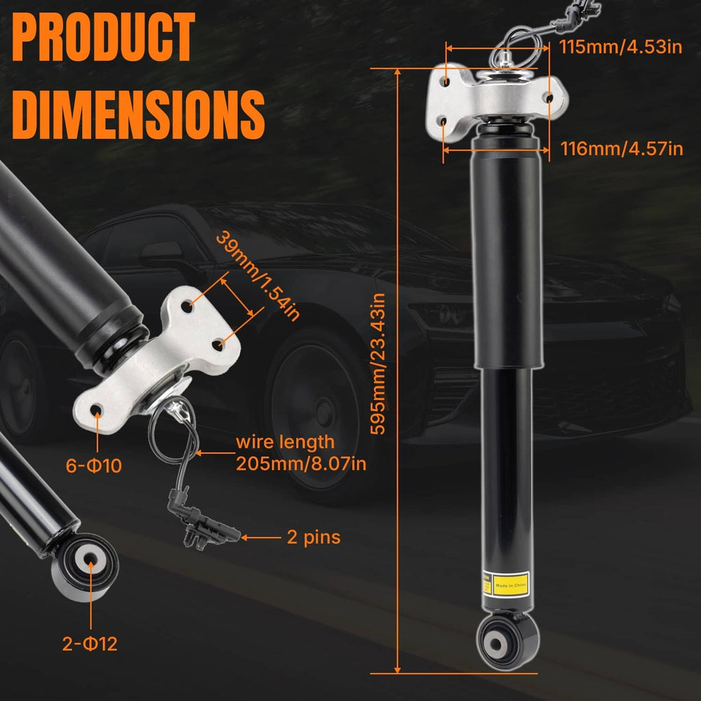Rear shock absorber with black body and silver top mount, labeled product dimensions