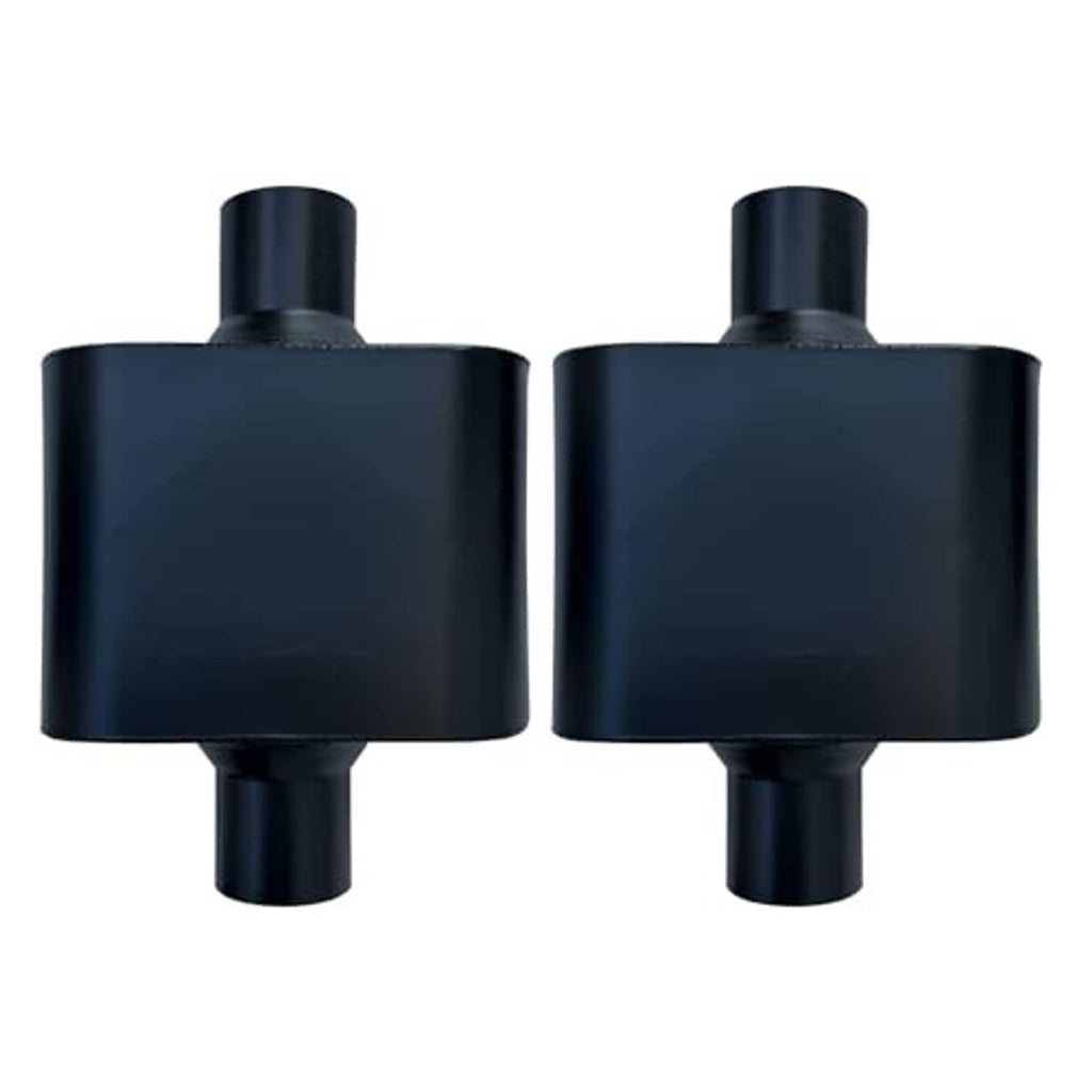 Pair of black mufflers with cylindrical center bodies and two raised inlet tubes