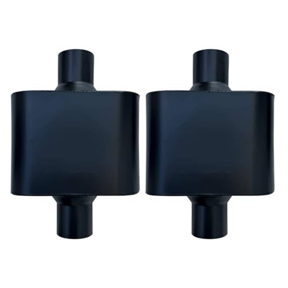 Pair of black mufflers with cylindrical center bodies and two raised inlet tubes