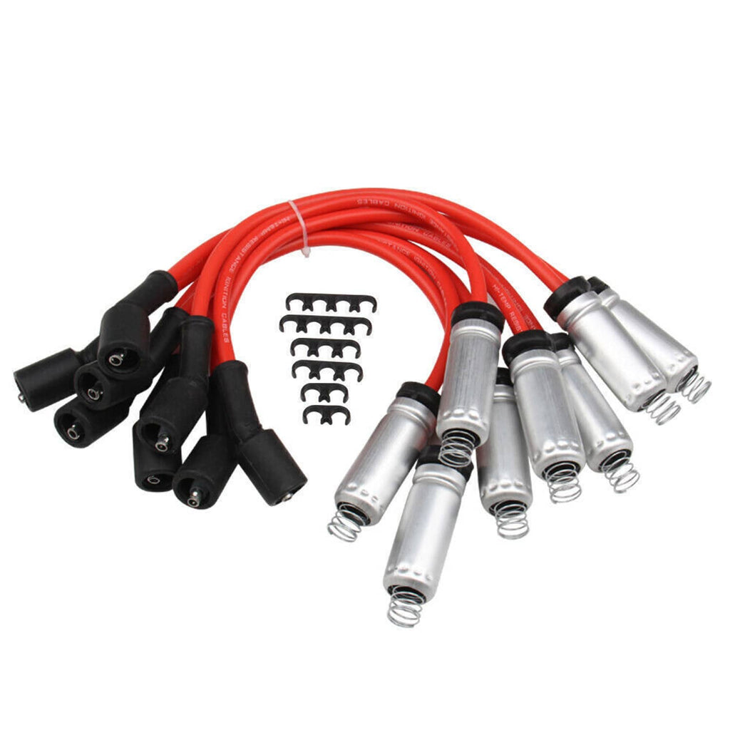 Bundle of red ignition wires with black boots and silver spark plugs