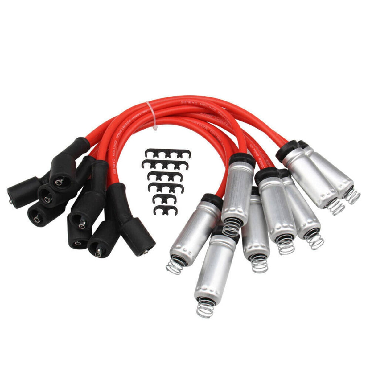 Bundle of red ignition wires with black boots and silver spark plugs