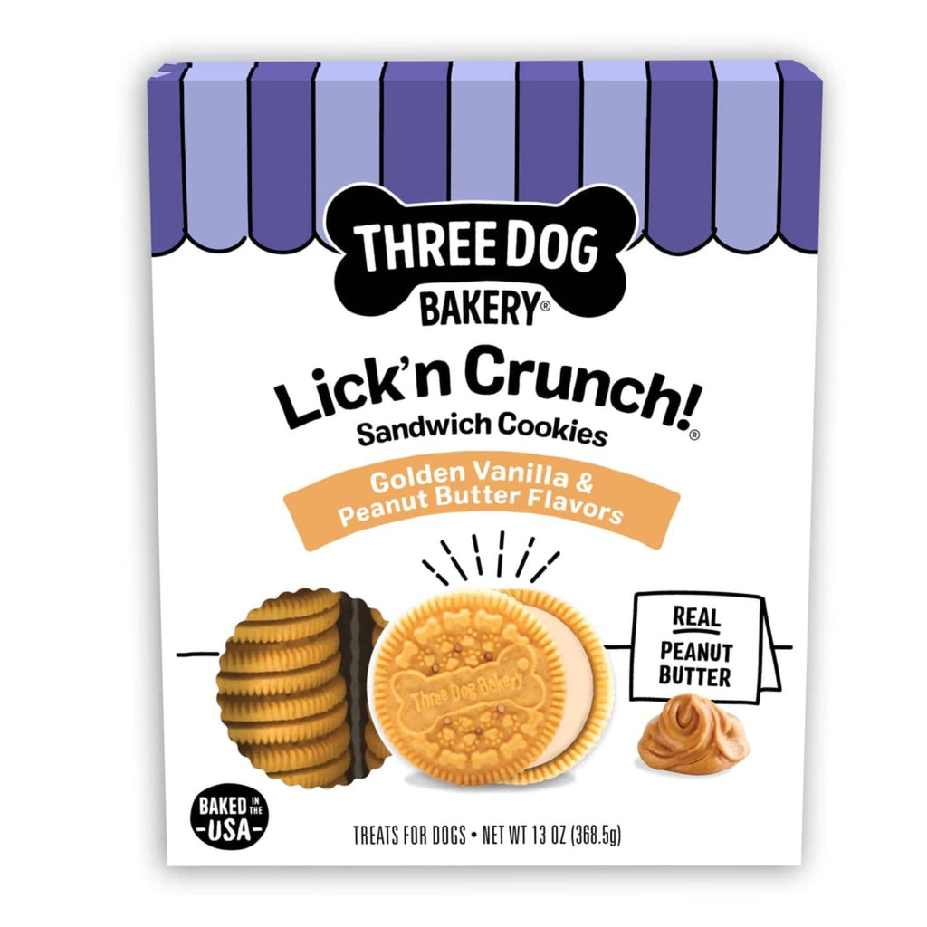 Three Dog Bakery Lick'n Crunch! sandwich cookies treat box front, real peanut butter
