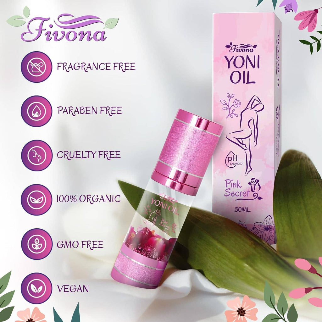 Pink feminine care oil bottle and box with icons for fragrance-free, paraben-free, cruelty-free