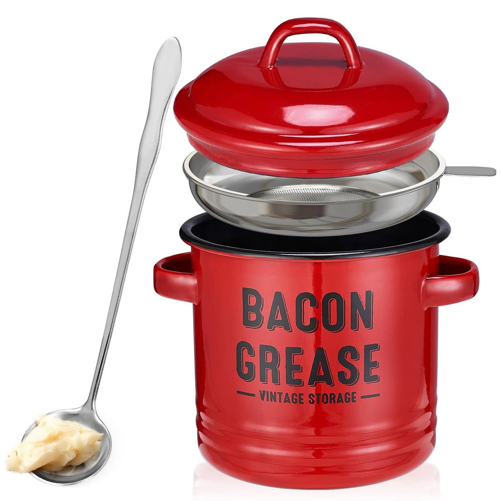Red bacon grease storage container with strainer lid and side handles