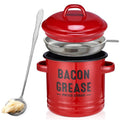 Red bacon grease storage container with strainer lid and side handles