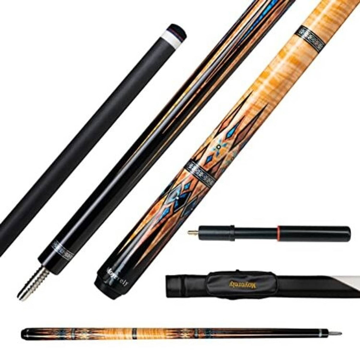 Pool cue with black carbon-fiber shafts, decorative grip area, included extension and case