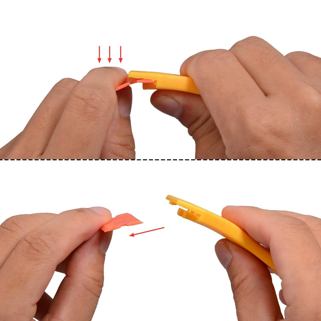 Hands loading a blade into yellow plastic razor scraper tool, orange base