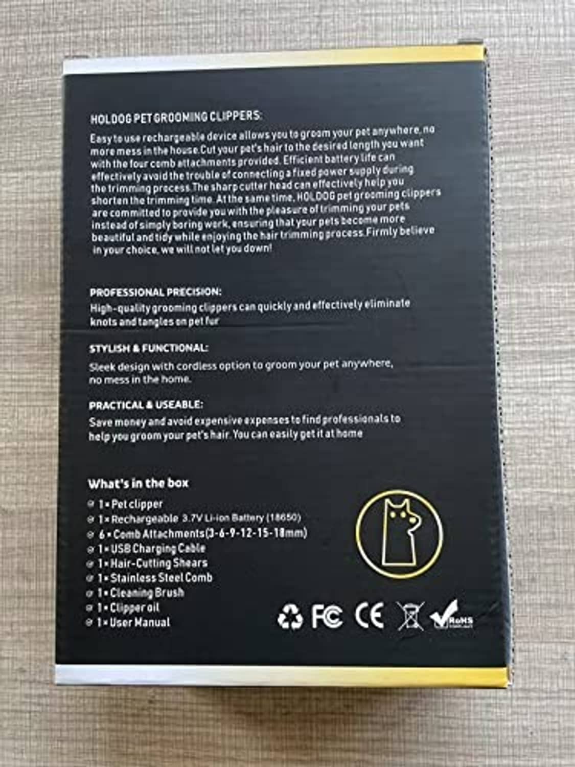 Dog grooming clipper retail box back with features and what’s in the box
