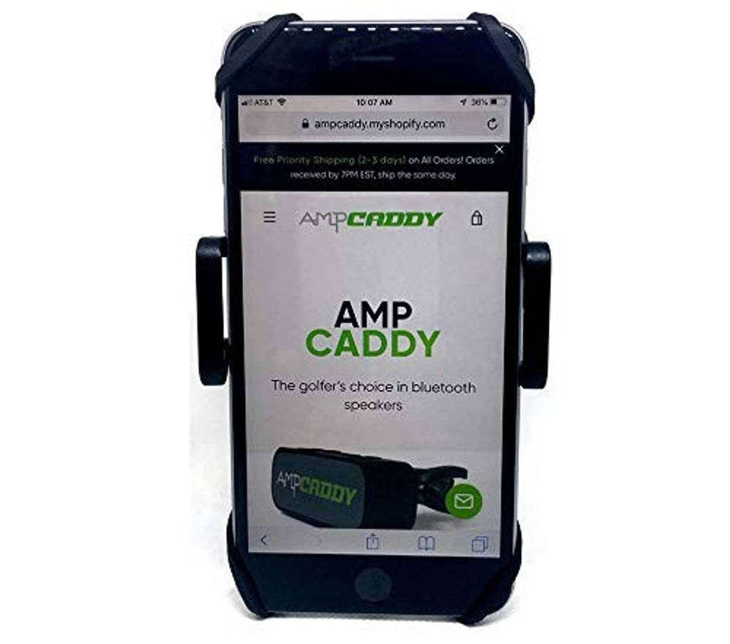 Universal bike phone holder with black clamp, holds smartphone upright