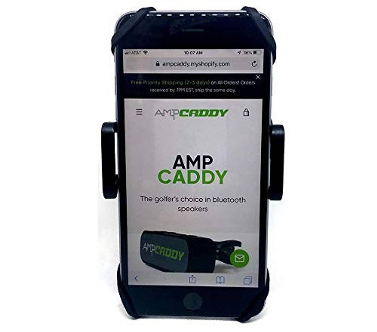 Universal bike phone holder with black clamp, holds smartphone upright