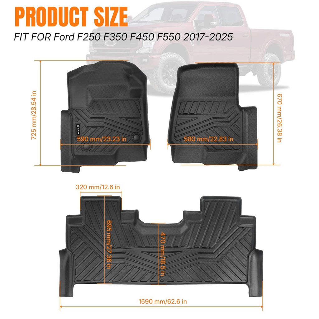 Black molded floor liners for front and rear rows with textured grip channels