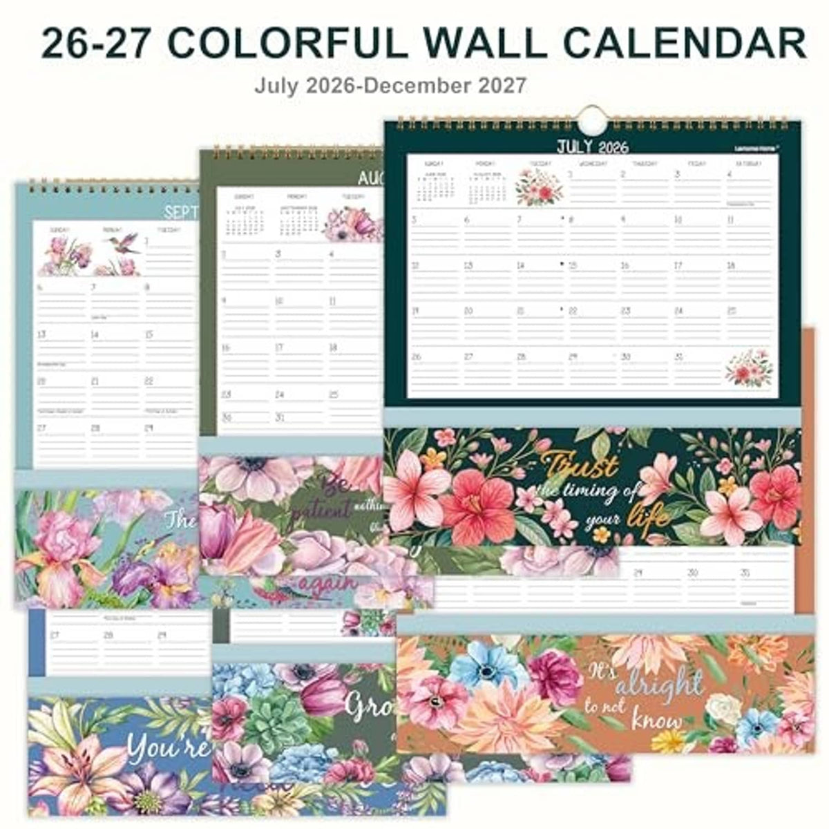 2026–2027 colorful wall calendar set with multiple month pages and floral accents
