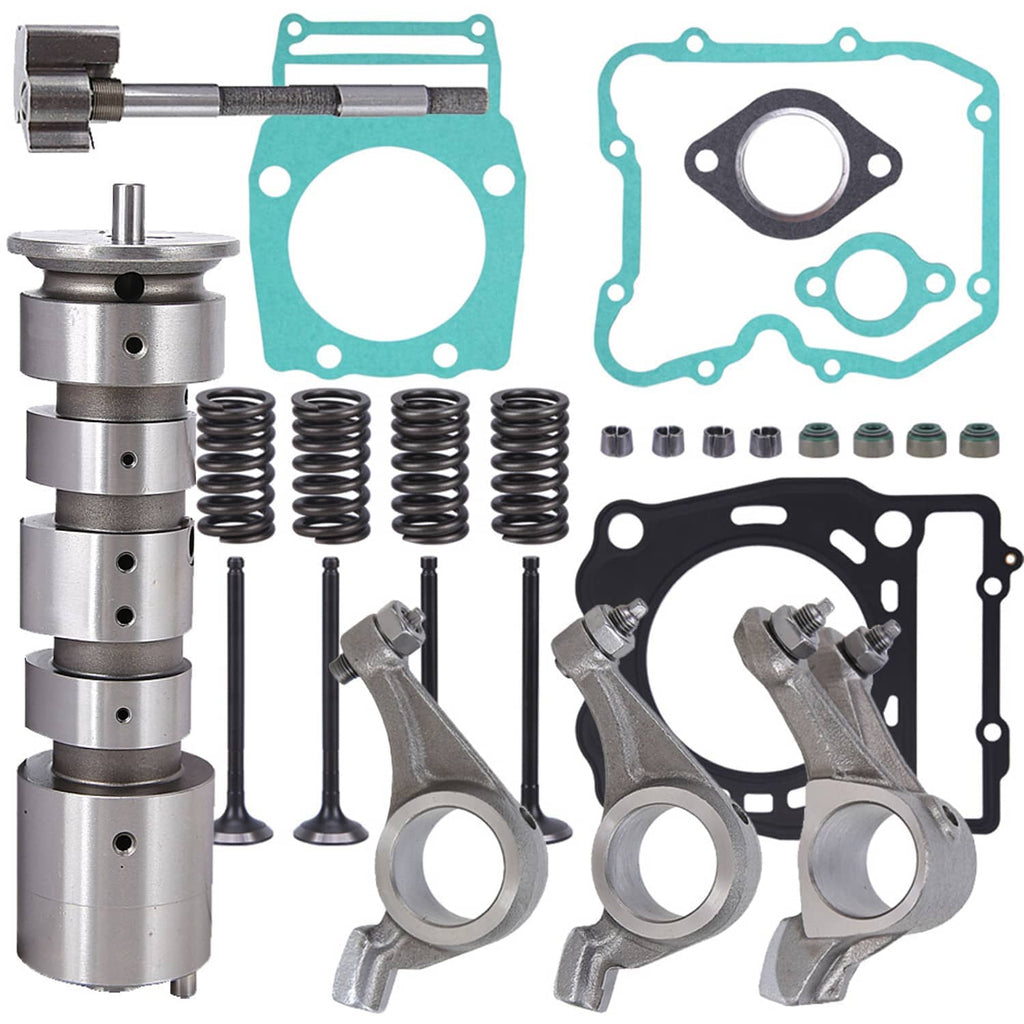 Engine camshaft rocker arm gasket kit with blue and black gaskets, springs, and rocker arms