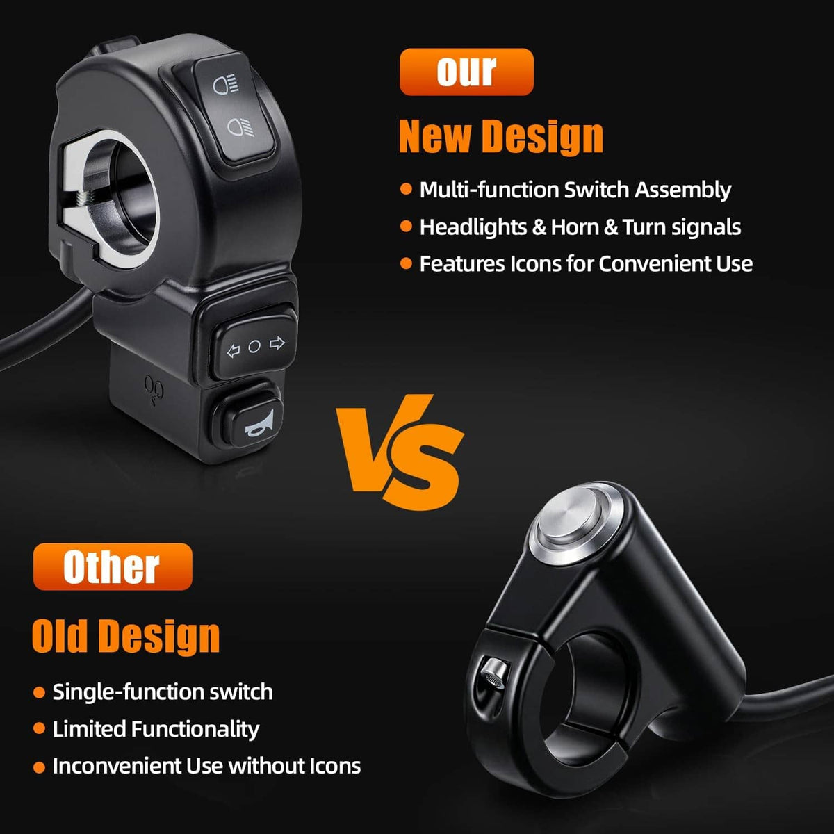 Black multi-function switch assembly with icon buttons and cable connector