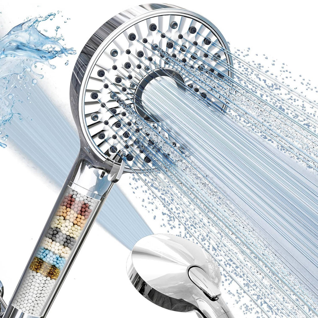Filtered shower head with handheld sprayer and clear cartridge filter, chrome-silver finish