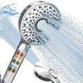 Filtered shower head with handheld sprayer and clear cartridge filter, chrome-silver finish