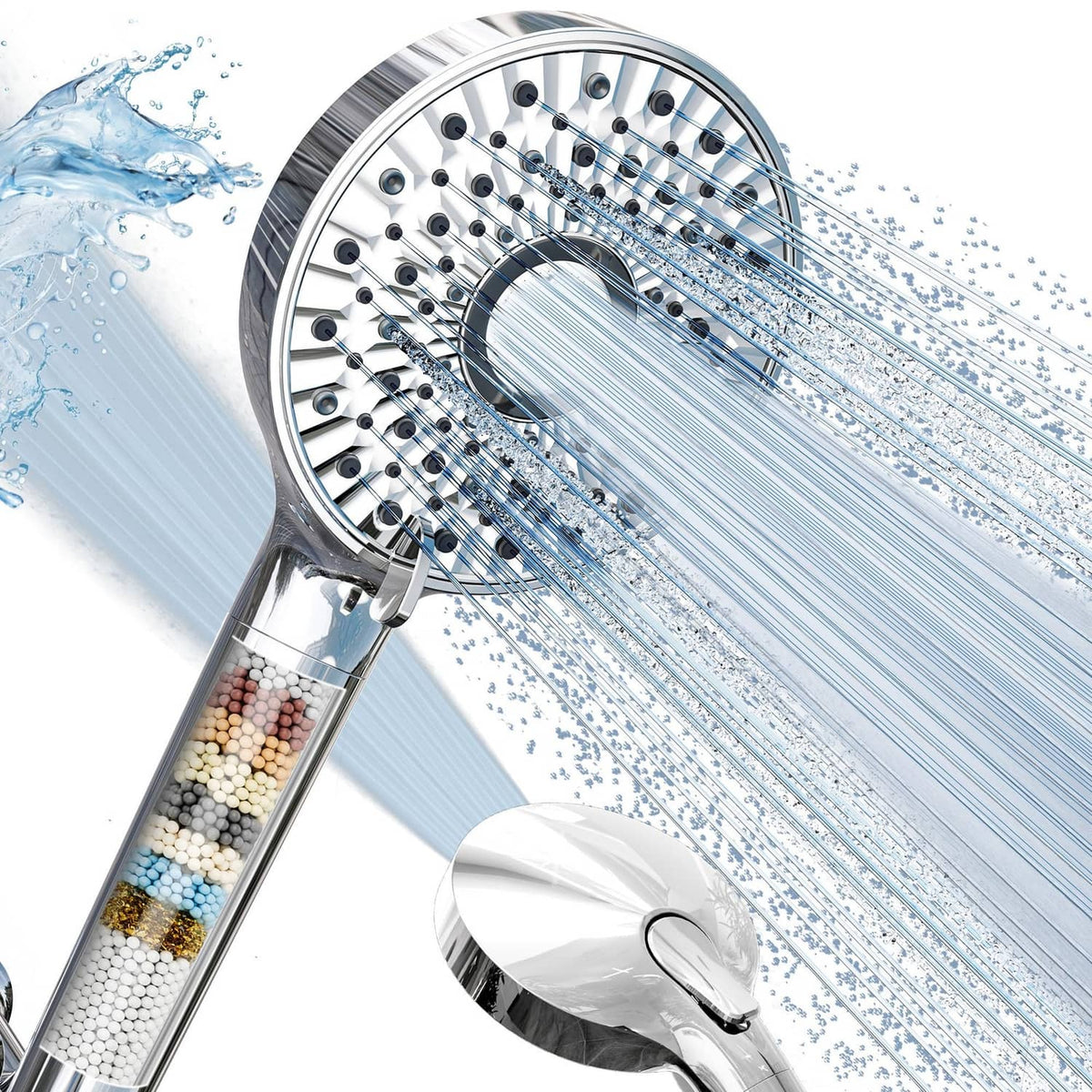 Filtered shower head with handheld sprayer and clear cartridge filter, chrome-silver finish