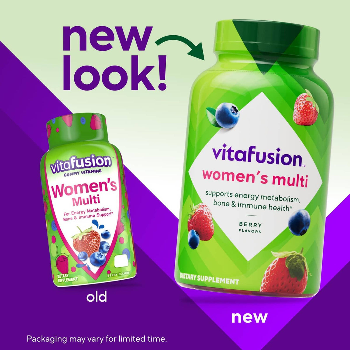 Vitafusion women's multivitamin gummy bottle beside small old-and-new package images