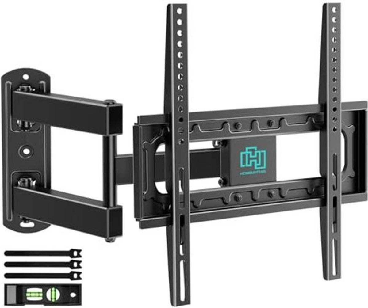 Gray and black full-motion TV wall mount with vertical rails and swivel arms