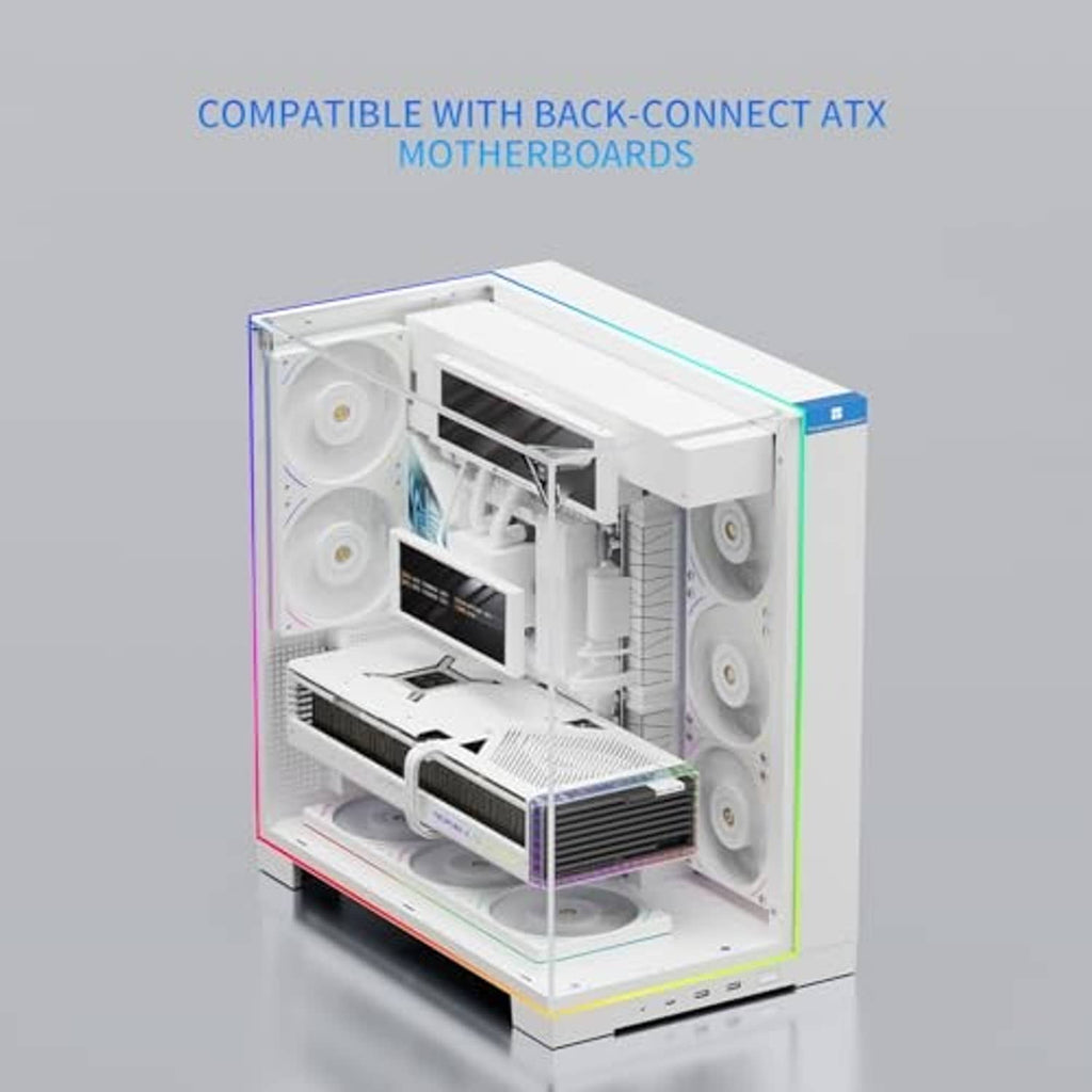 White ATX gaming PC case with front fans, open interior, and tempered side