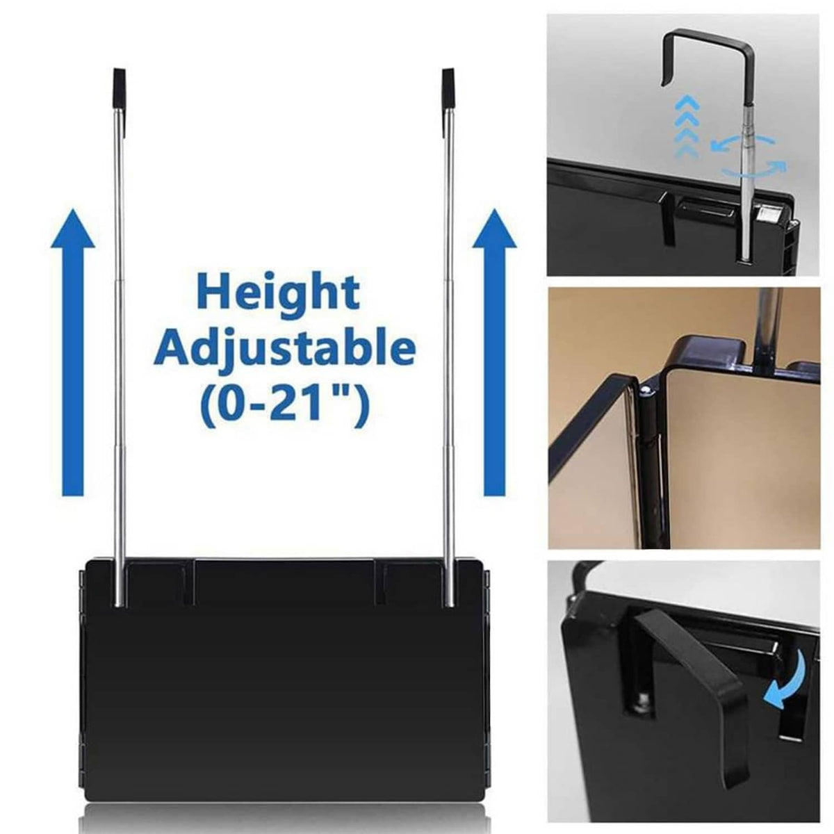 Height-adjustable trifold hair mirror with two poles and black foldable base